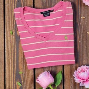 Ralph Lauren Sport Women's 100% Cotton Pink and White V-Neck Tee Size--Large